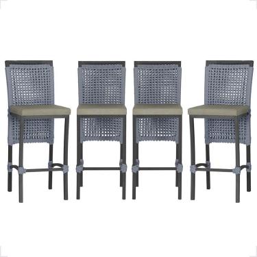 Imagem de 4 Banqueta Em Alumínio Roma Preta Corda Náutica Tecido 8 Prata