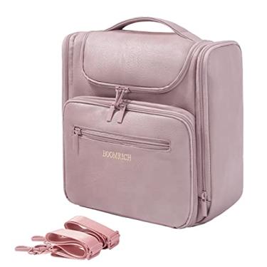 Imagem de Necessaire extra grande para mulheres e homens, bolsa de couro para pendurar maquiagem com gancho de 360°, organizador de viagem para recipientes de tamanho completo, artigos de higiene, pincéis, rosa