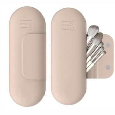 Imagem de Porta-pincéis de maquiagem de silicone macio para viagem, bolsa de cosméticos para viagem/suporte portátil para pincéis de rosto com fecho magnético antiqueda, Bege, 8.8IN