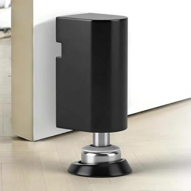 Imagem de xoermioy Rolhas de porta magnéticas silenciosas – batente de porta preto fosco para não furadeira e parafusos, aço inoxidável à prova de vento resistente, altura ajustável para aberturas de porta