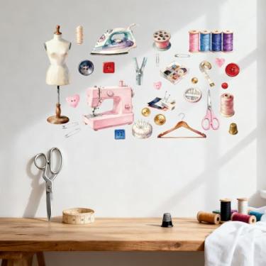 Imagem de ANATTASOUL 2 folhas de adesivos de parede coloridos, tesouras e máquina de costura, decalque removível de murais de parede, 96 x 30 cm, decoração de arte grande para cozinha, quarto, berçário