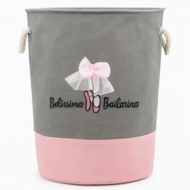 Imagem de Cesto Organizador Infantil Dobrável de Roupas e Brinquedos para Menina, Rosa e Cinza, BELÍSSIMA BAILARINA, 44x35cm (Cinza e Rosa)