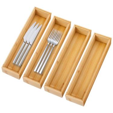 Imagem de MAQUITA Pacote com 4 organizadores de gaveta de cozinha, pequenos organizadores de talheres de prata, organizador de utensílios de bambu para banheiro, vestiário, escritório, despensa (natural, 30,5 x