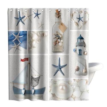 Imagem de Final Friday Cortina de chuveiro branca para praia, oceano, tema náutico, litoral, tecido moderno, concha, conjunto de decoração de banheiro com ilhós e ganchos 152 cm L x 182 cm A azul