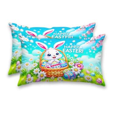 Imagem de HOMETITUTE Happy Easter Conjunto de 2 capas decorativas de cetim 30,5 x 50,8 cm, cesta de ovo de coelho, arte para decoração de primavera