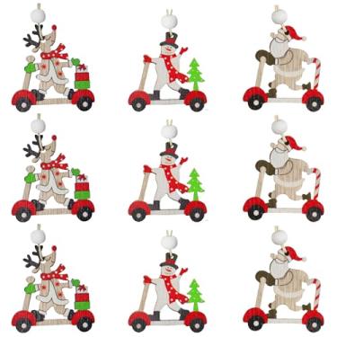 Imagem de Conjunto de enfeites de Natal de madeira rústica – 9 peças mini boneco de neve, rena e Papai Noel com trio em forma de skate para decorações de árvore de Natal para o Natal