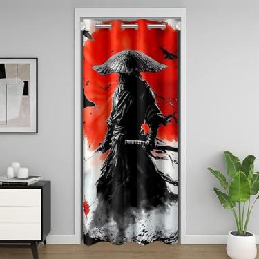 Imagem de jejeloiu Samurai Cortina de porta para janela de porta 86,4 cm x 203,2 cm Pôr-do-sol isolamento térmico, divisores temporários, estilo japonês, capa de armário, quarto japonês, sala de estar