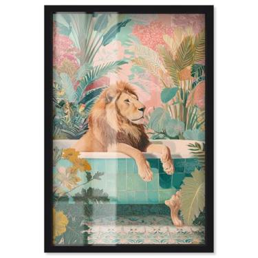 Imagem de Lion Tropical Bathroom Vibes Shadowbox Print Bathroom Wall Art por Art Remedy, moldura preta, 53 x 78 cm