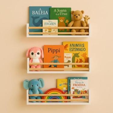 Imagem de Kit 3 Prateleiras de MDF Infantil Branca para Quarto - 40cm - Matarazz
