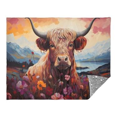 Imagem de CEBUGI Cobertor de flanela quente macio 127 x 178 cm para sofá, cama, escritório, acampamento, viagem, highland, vaca, flores, pintura a óleo, todas as estações