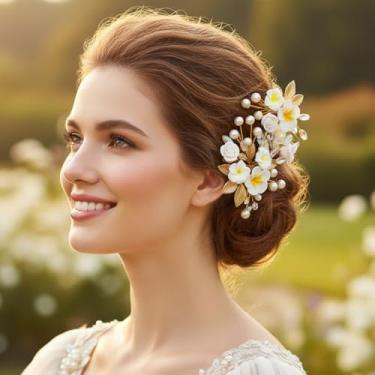 Imagem de Fstrend Grampos de cabelo femininos para casamento, grampo de cabelo floral pérola com folha de ouro e plumeria, acessórios de cabelo de noiva boho para noiva, formatura, sessão de fotos