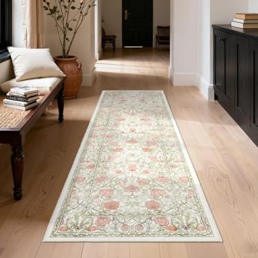 Imagem de GarveeHome Tapete floral lavável, 5 x 15 cm rosa e verde para corredores, boho pilha baixa antiderrapante resistente a manchas vintage longo tapete para entrada, quarto, casa de fazenda