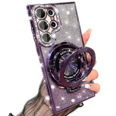 Imagem de AuroiCCY Capa para Samsung Galaxy S25 Ultra para mulheres e meninas [compatível com MagSafe] Bonito suporte de glitter com capa de lente de câmera Bling revestimento luxuoso à prova de choque para