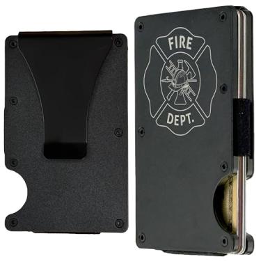 Imagem de Carteira masculina fina de metal gravada com bloqueio RFID | Corpo de Bombeiros Personalizada Carteira minimalista com porta-cartões de crédito com clipe para dinheiro | Presente de aniversário