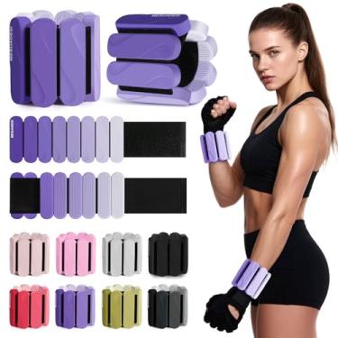 Imagem de Pesos de pulso – Pesos de pulso para mulheres e homens – Conjunto de pulseiras ponderadas ajustáveis (500 g cada) | Pesos de braço e perna para ioga, pilates, corrida e caminhada (roxo gradual, 900 g)