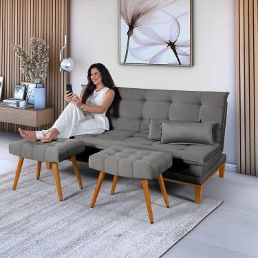Imagem de Sofá Cama Mob Suede Pés em Madeira Reforçado + 2 Banquetas