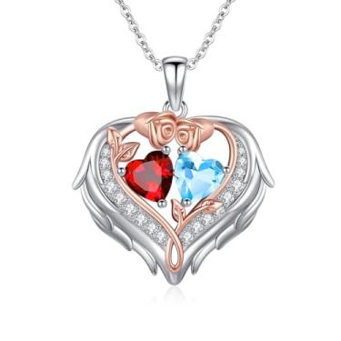 Imagem de WYDDO Colar de coração com asas de anjo para mulheres, pedra do mês de nascimento duplo, pingente de flor de rosa, presente ideal para aniversário, Natal, presente para esposa, mãe, namorada, filha