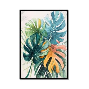 Imagem de Arte de parede de folhas tropicais – Impressão de folha de palmeira verde aquarela, pôster Monstera, decoração de plantas tropicais modernas para sala de estar em casa (SKU2,12 x 18 pol. = (30 x 45 cm
