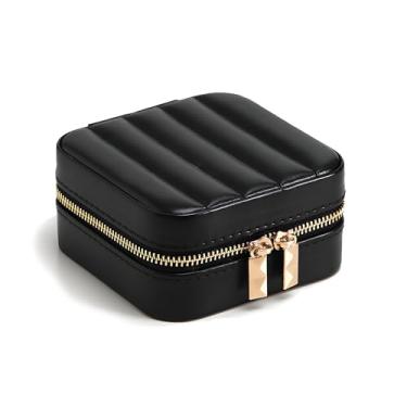 Imagem de kkmilamila Estojo de couro preto para viagem, organizador compacto listrado para anéis, colares, brincos, presente para mulheres e meninas, armazenamento de joias elegante com espelho embutido