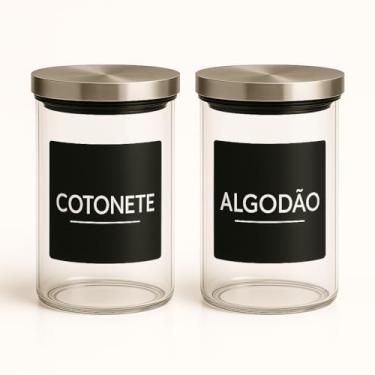 Imagem de Kit 2 Potes Herméticos De Vidro 450ml Com Tampa De Inox E Etiquetas Algodão E Cotonete 15cm x 6.5cm