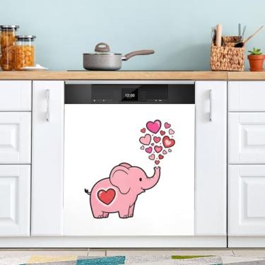 Imagem de ATTX Capa magnética para lava-louças elefante rosa Dia dos Namorados | Adesivo decorativo de eletrodomésticos de 58 x 66 cm para armários domésticos e eletrodomésticos #313