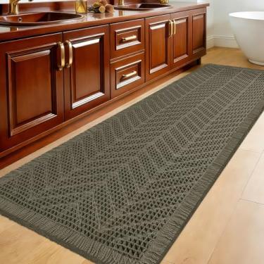 Imagem de Tapete de banheiro waffle extragrande, 1,8 m x 5 cm verde acinzentado espinha de peixe, tapetes de banheiro super absorventes antiderrapantes de secagem rápida com borlas, tapetes de banho Boho