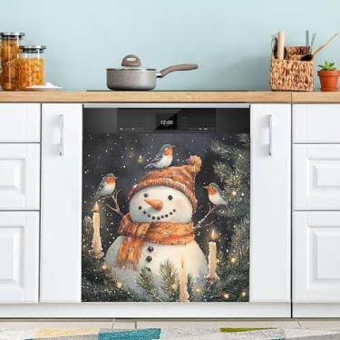 Imagem de xigua Capa magnética preta de boneco de neve de Natal, adesivos magnéticos decorativos antiarranhões para painel de geladeira e lava-louças, decoração personalizada de cozinha doméstica 58 x 66 cm
