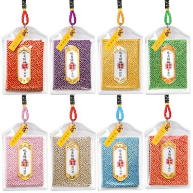 Imagem de Hiceeden 8 peças de amuletos omamori japoneses, amuletos de boa sorte feitos à mão com capa protetora transparente, lembranças japonesas penduradas para bênção, saúde, fortuna, sucesso, amor, estudo