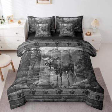 Imagem de Conjunto de edredom cinza com estampa de veado de alce selvagem, 7 peças, cama King (1 edredom, 2 fronhas, 2 fronhas, 1 lençol de cima, 1 lençol com elástico)
