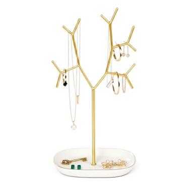 Imagem de Saydear Elegante suporte de árvore com bandeja de cerâmica – organizador de colar de metal para anéis, pulseiras, brincos – sem emaranhados, exibição decorativa à prova de ferrugem para penteadeira