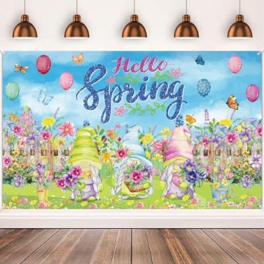 Imagem de Hello Spring Banner de pano de fundo, 184,88 cm x 110,04 cm, cenário fotográfico de primavera, flores para decorações de festas de fim de ano