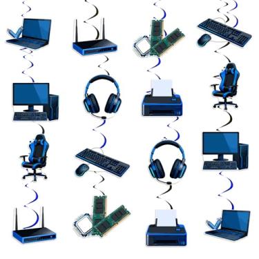 Imagem de Wonmelody Computer Theme Hanging Swirls Decorations 24Pcs Blue Black Ceiling Streamers with Double Sided Laptop Router Keyboard Headset Designs Gamer Technology Birthday Party Hanging Decor