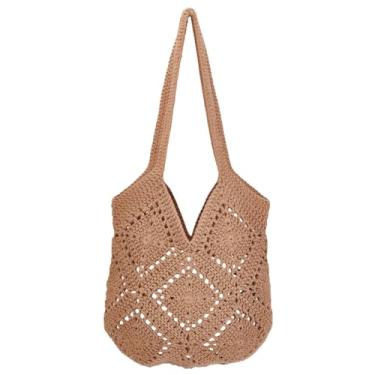 Imagem de FREEBLOSS Bolsas de praia de crochê para mulheres, marrom, boho, malha macia, bolsa de ombro para férias de verão, bolsa de praia de malha feminina