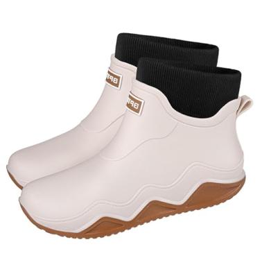 Imagem de Botas de chuva unissex para casais, com forro de lã e letras sólidas, calçados aquáticos, cano baixo, de borracha, à prova d'água, Branco, 34