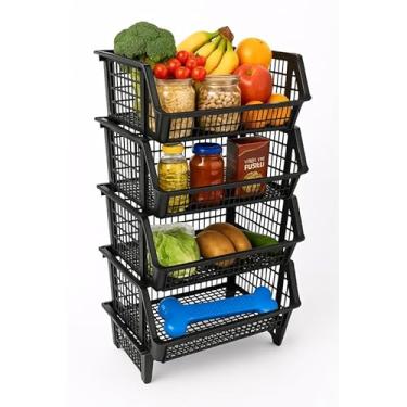 Imagem de Kit 6 Cesto Cestao Empilhavel Preto Expositor Reforçado Organizador Estoque Dispensa Loja 20x44cm organizador de cozinha Para Dispensa, Loja, Estoque, Cozinha e Área de Serviço(4 cestos)