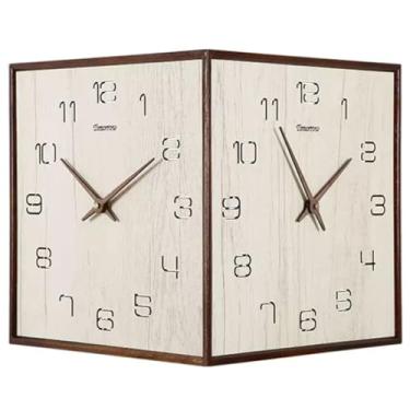 Imagem de Relógio de parede decorativo grande retrô 90° canto relógio de parede, decoração de casa de madeira simples, relógio silencioso com design frente e verso, alimentado por bateria