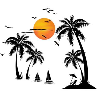 Imagem de Adesivos de parede grandes de palmeira preta, decalques de parede de pássaros de coco tropicais, mural de floresta para quarto, sala de estar, sofá, fundo de TV, decoração de casa