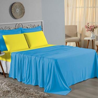 Imagem de Jogo De Cama Casal Nobre 4 Peças Lençol Com Elástico De 30cm De Altura Malha 100% Algodão - Turquesa / Amarelo