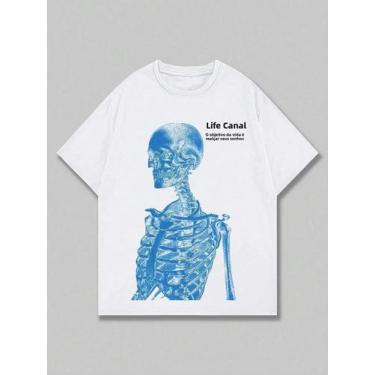 Imagem de Camiseta Feminina Azul De Algodão Com Gola O E Estampa De Esqueleto Ma