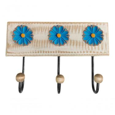Imagem de Cabideiro Toalheiro 3 Ganchos Madeira E Ferro Artesanal Cor Azul