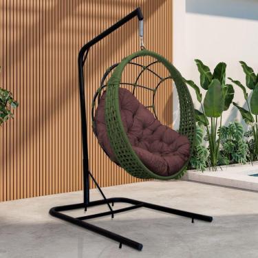 Imagem de Cadeira Balanço Ninho Suspenso Em Corda Náutica Luxo Com Suporte Verde-marrom