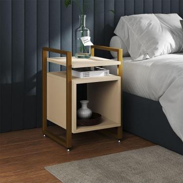 Imagem de Mesa De Cabeceira Industrial Marrocos Ferro Dourado E Tampo Off-white