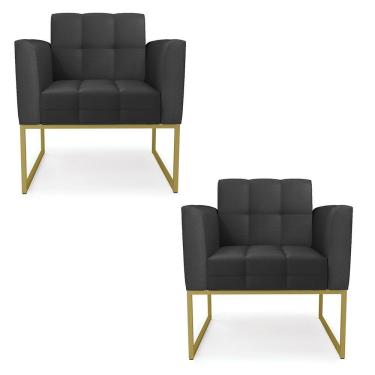 Imagem de Kit 2 Poltronas Elisa Corino Base Metálica Industrial Dourado - D\'rossi Cor Preto