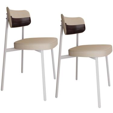Imagem de Kit 02 Cadeiras Estofada Para Sala De Jantar Astrid Branco C01 Linho Areia Courino Café - Lyam Decor
