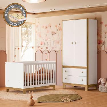 Imagem de Quarto de Bebê com Berço Slim e Guarda Roupa Flora Branco Acetinado Qmovi + Colchão Gazin