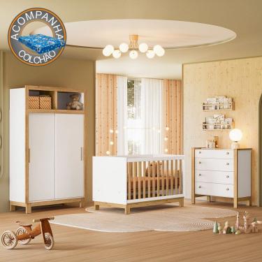 Imagem de Quarto de Bebê Completo Flora com Berço Cômoda e Roupeiro 5085 Branco Freijó Qmovi + Colchão Ortobom