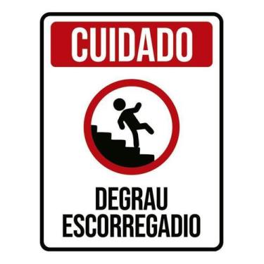 Imagem de Kit 3 Placa Acm Cuidado Degrau Escorregadio 18X23 Branco - Sinalizo