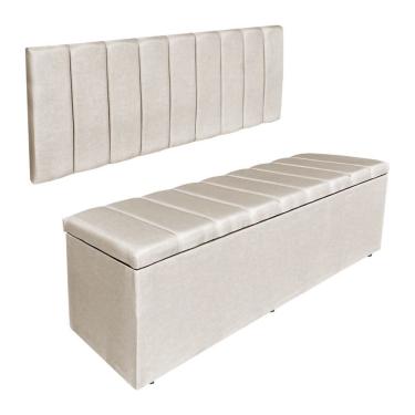 Imagem de Kit Cabeceira Painel E Calçadeira Recamier Baú Casal 1,40m Holanda Suede - Pallazio Cor Bege