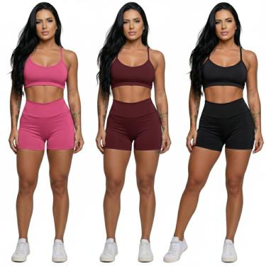 Imagem de KIT 3 Conjunto Top Alça Fina Sem Bojo e Short Suplex Vekyo Treino Academia Moda Fitness Musculação-Feminino