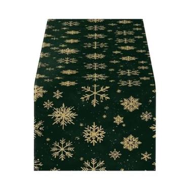 Imagem de Caminho De Mesa Verde Escuro Com Flocos De Neve Dourados, Estilo Nórdi